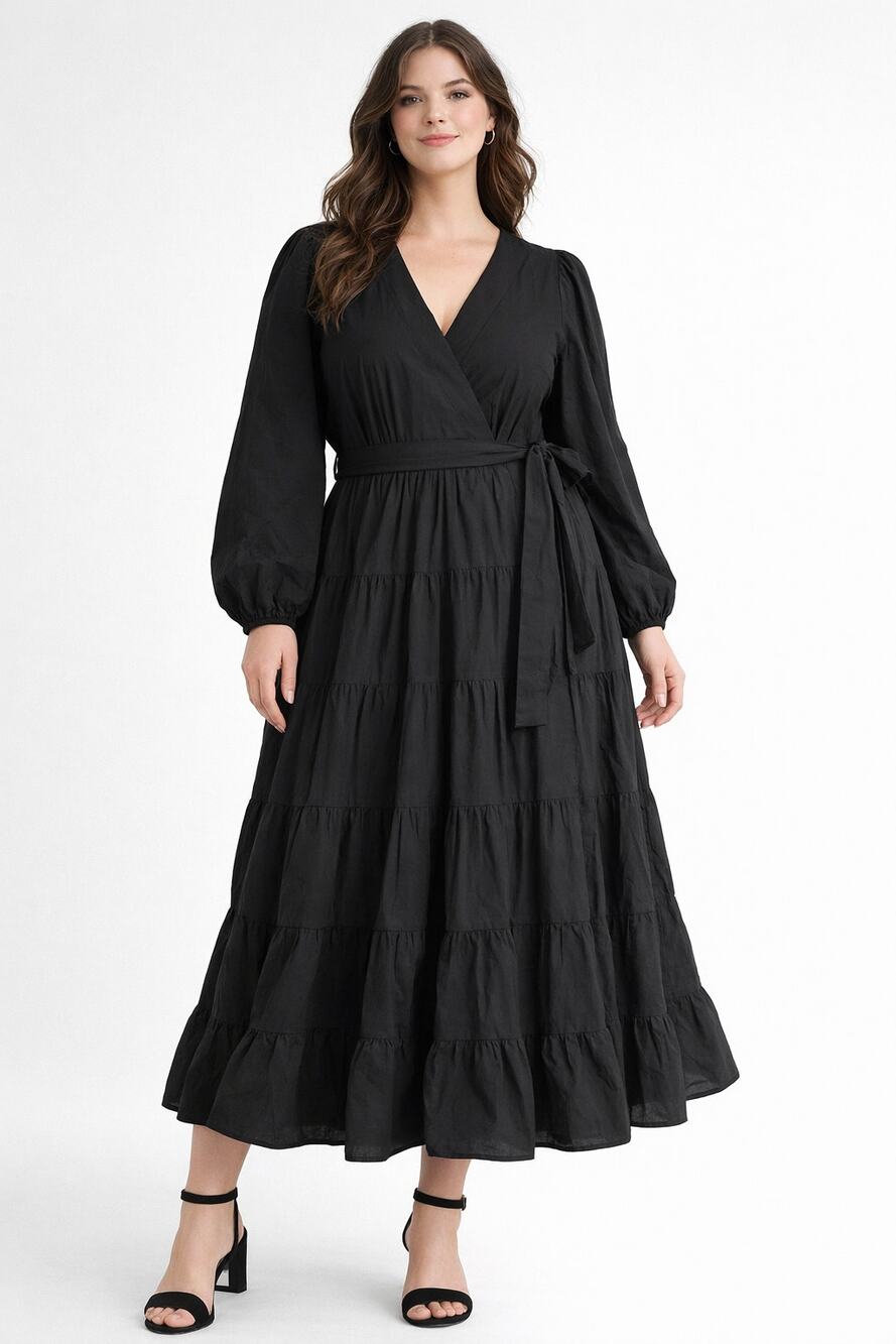 Gibson & Latimer Poplin V Neck Long Sleeve Midi Wrap Dress Black Womens XL New